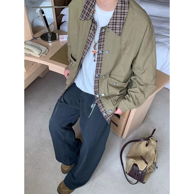 Ateso-Mock Two-Piece Plaid Collar Zip-Up Jacket