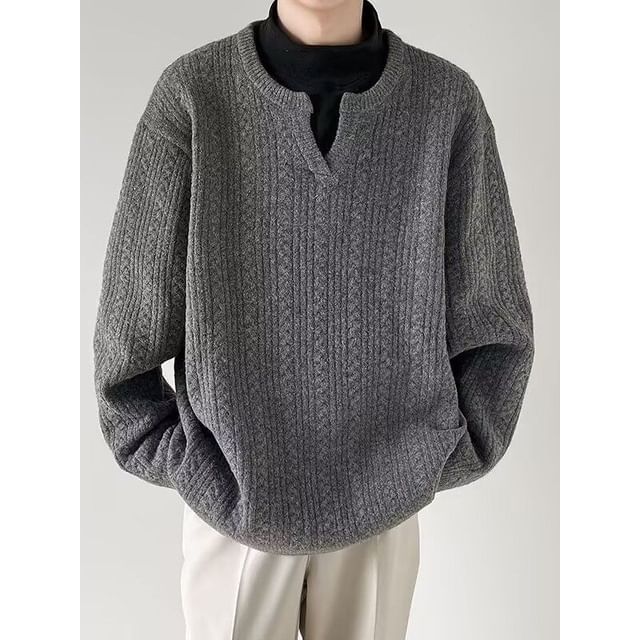 Ateso-Notch Neck Plain Cable-Knit Sweater
