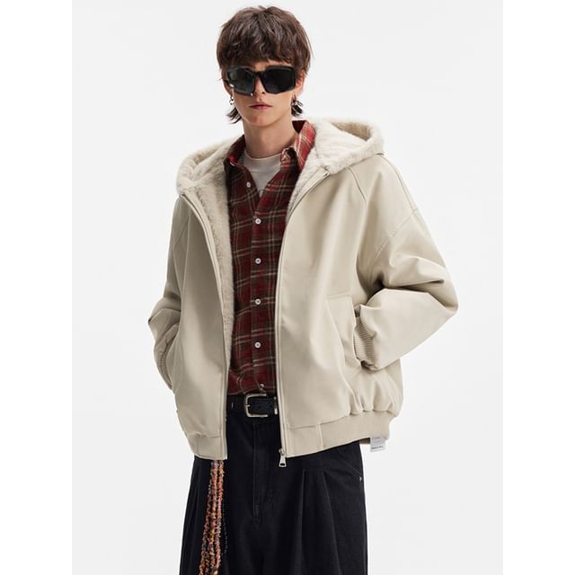 Ateso-Plain Hooded Fleece-Lined Zip Jacket