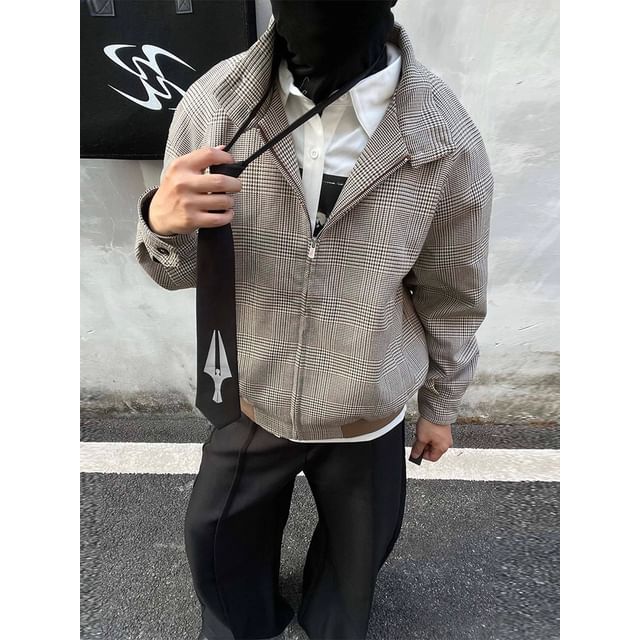 Ateso-Stand Collar Plaid Zip Jacket