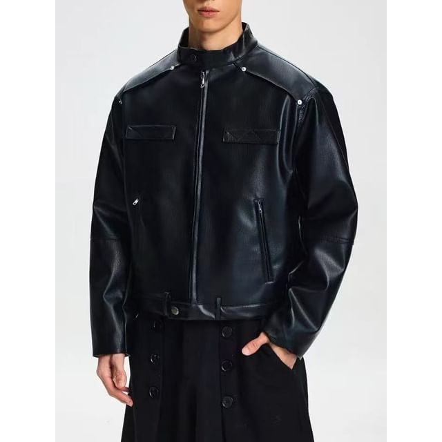Ateso-Stand Collar Zip-Up Plain Faux Leather Jacket
