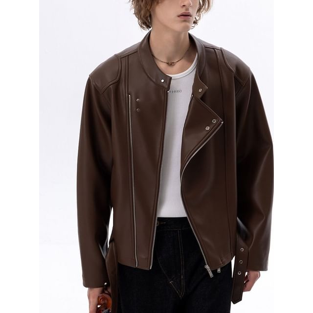 Ateso-Stand Collar Zip-Up Plain Faux Leather Jacket