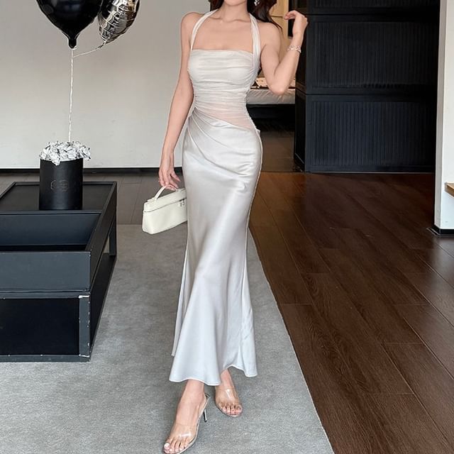 silk halter dress white Ivory Charmeuse Halter Floor Length Rehearsal Dinner Dress main image 1