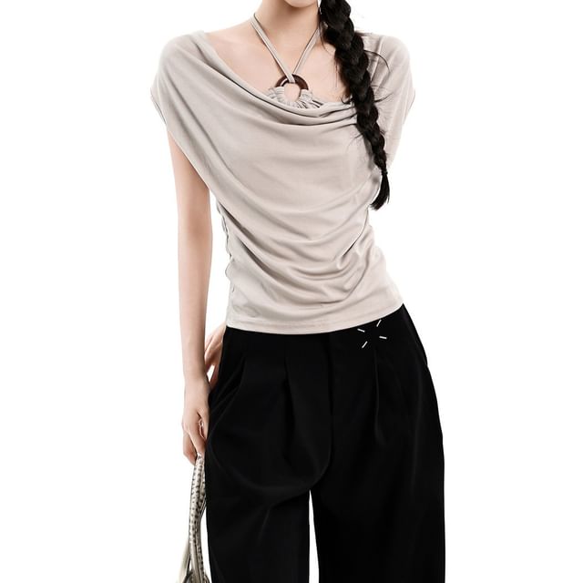 AXEN-Cap-Sleeve Halter Cowl Neck Plain Top