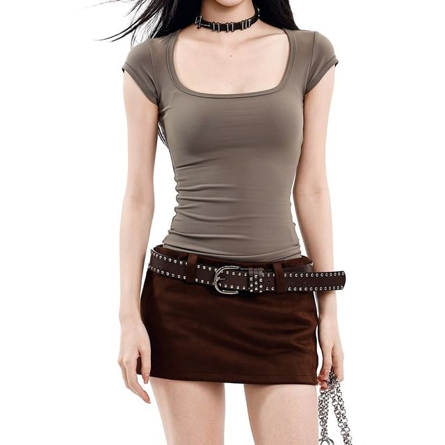 AXEN-Cap Sleeve Square Neck Plain T-Shirt