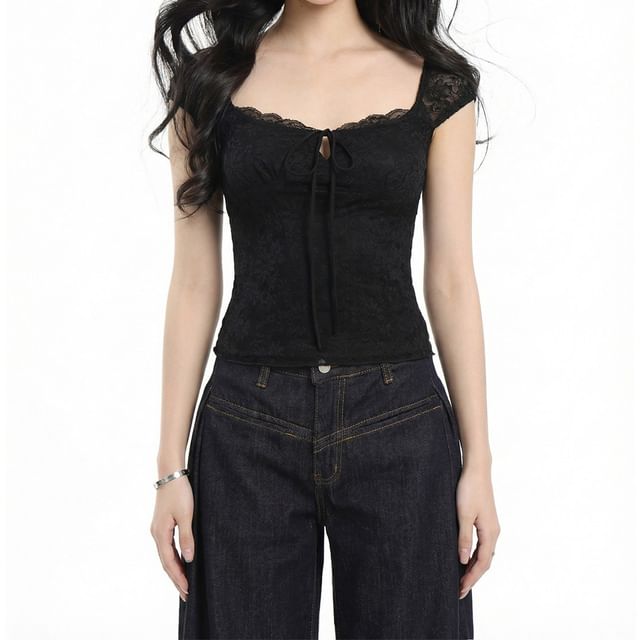 AXEN-Cap Sleeve Square Neck Plain Tie Front Panel Lace Top