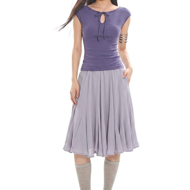 AXEN-Cap Sleeve Tie Neck Plain Keyhole Top