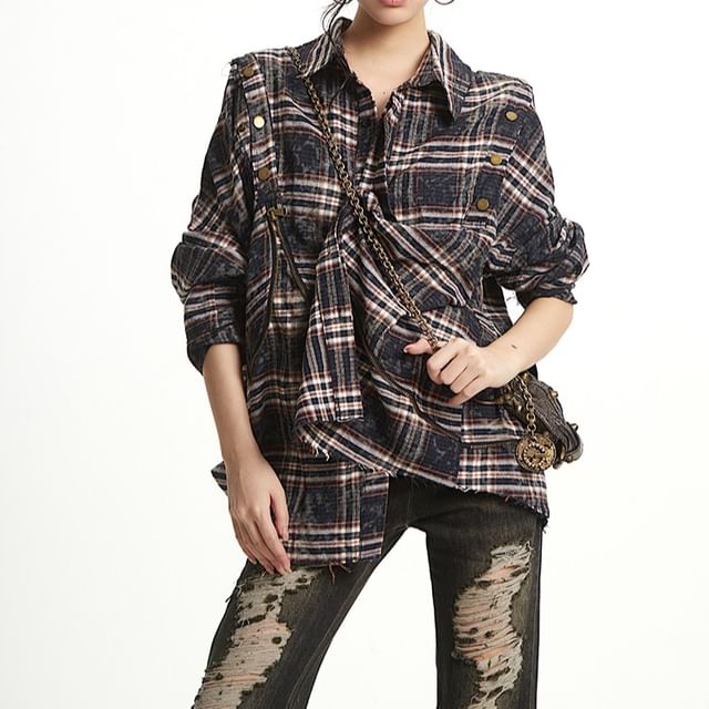 AXEN-Cold-Shoulder Plaid Button-Up Shirt