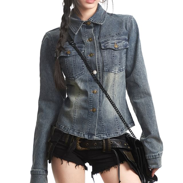 AXEN-Collared Washed Button-Up Denim Jacket