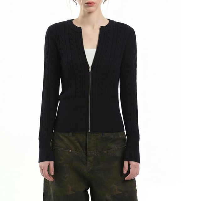 AXEN-Crew Neck Zip-Up Plain Cable Knit Cardigan