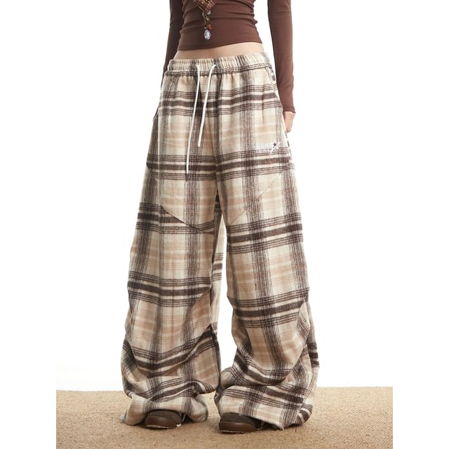 AXEN-Drawstring Waist Plaid Baggy Pants