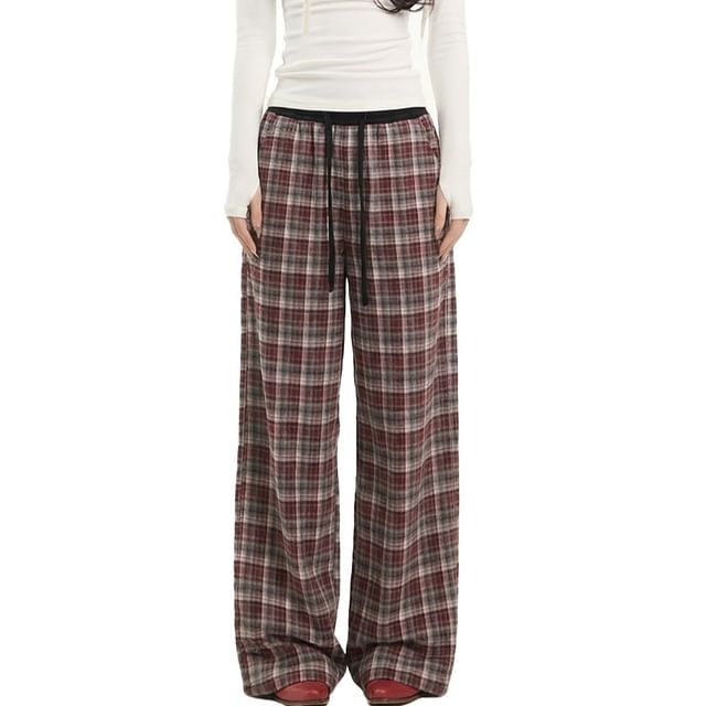 AXEN-Drawstring Waist Plaid Wide Leg Pants