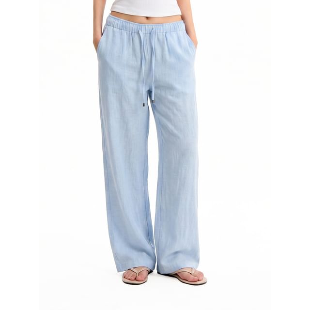 AXEN-Drawstring Waist Plain Regular Fit Straight Leg Pants