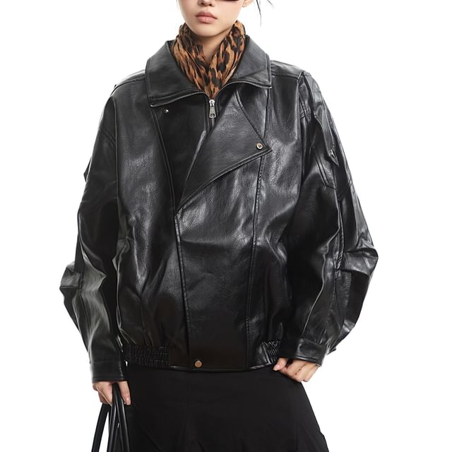 AXEN-Faux Leather Zip-Up Jacket