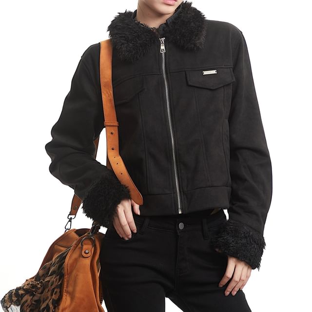 AXEN-Furry Trim Zip-Up Jacket