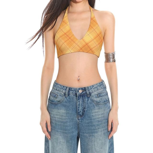 AXEN-Halter Neck Plaid Crop Bra Top