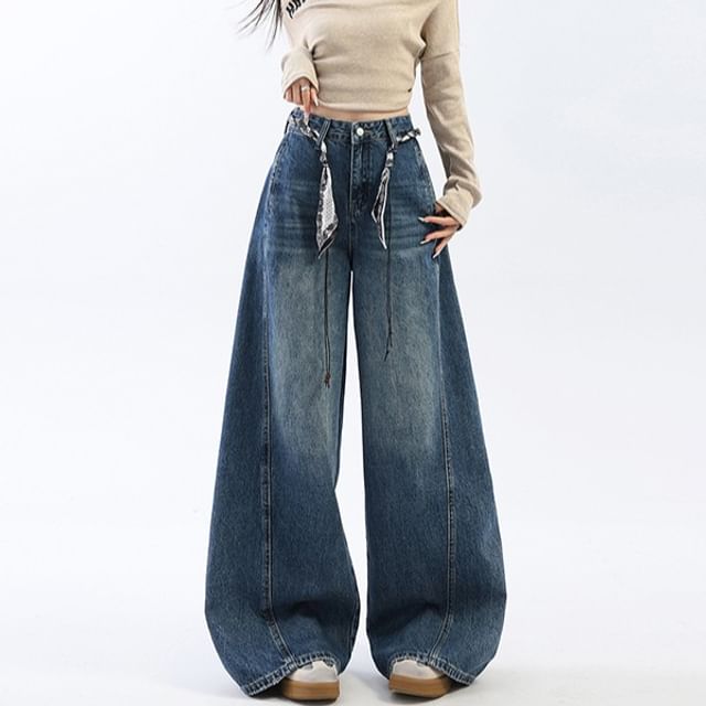 AXEN-High Waist Washed Baggy Jeans
