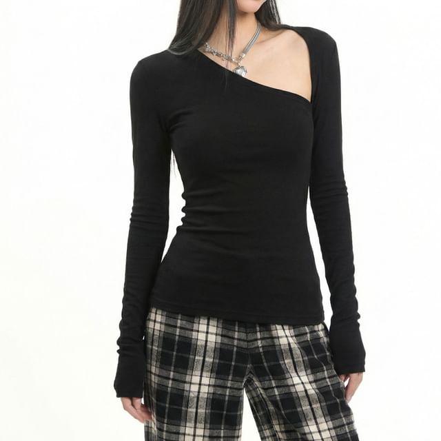 AXEN-Long-Sleeve Asymmetrical Plain T-Shirt