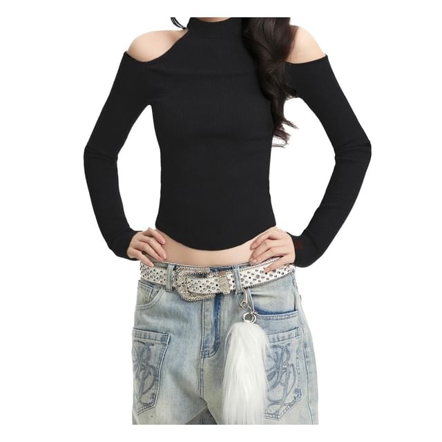 AXEN-Long Sleeve Cold Shoulder Plain Top