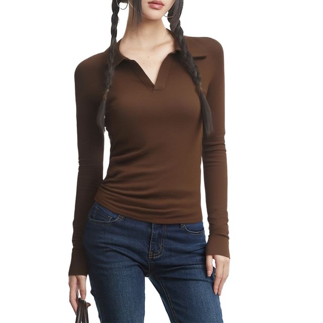 AXEN-Long-Sleeve Collared V-Neck Plain T-Shirt