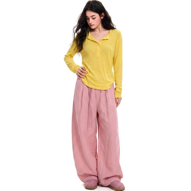 AXEN-Long-Sleeve Crew Neck Half-Buttoned Plain Sheer T-Shirt