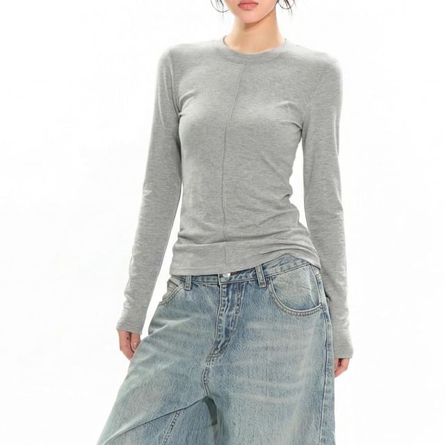 AXEN-Long-Sleeve Crew Neck Plain T-Shirt