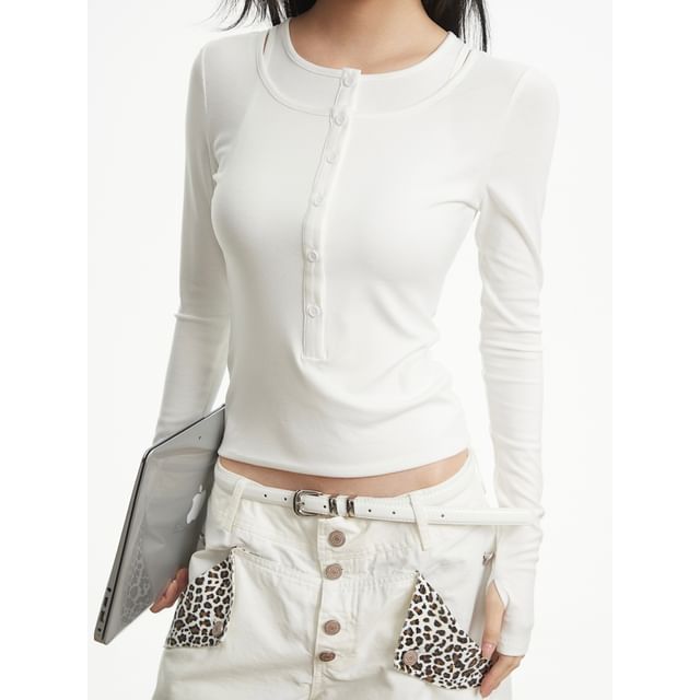 AXEN-Long-Sleeve Half Buttoned Plain Top