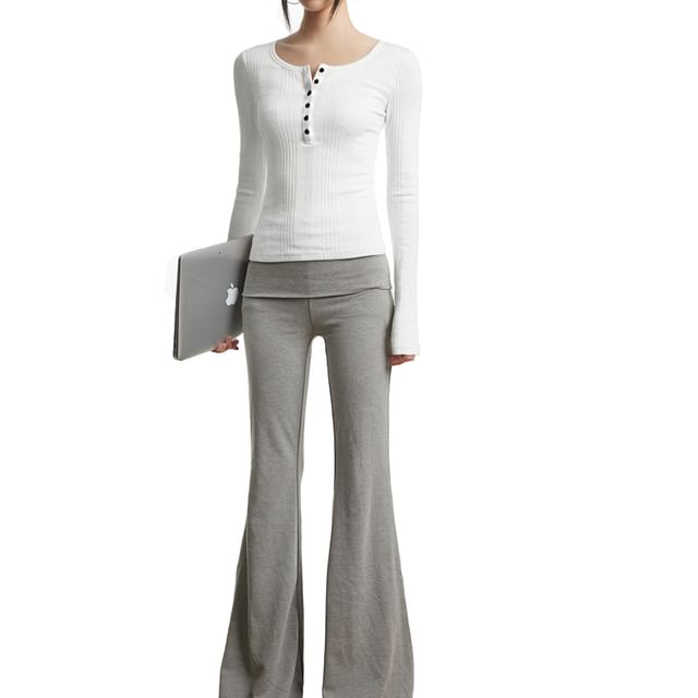 AXEN-Long Sleeve Henley Plain Ribbed Top