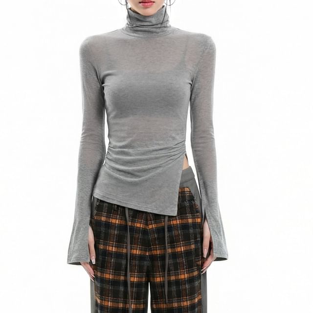AXEN-Long-Sleeve Mock Neck Asymmetrical Plain Top