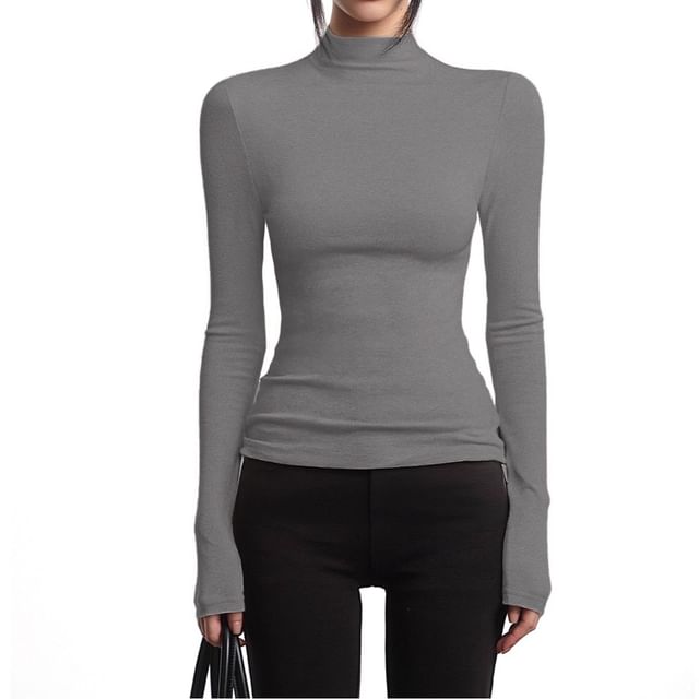 AXEN-Long-Sleeve Mock Neck Plain Slim Fit Tee