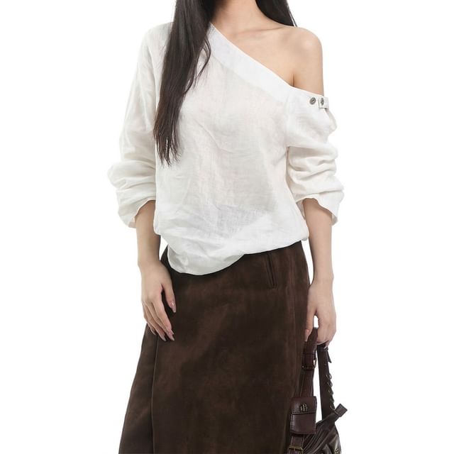 AXEN-Long Sleeve One Shoulder Plain Top