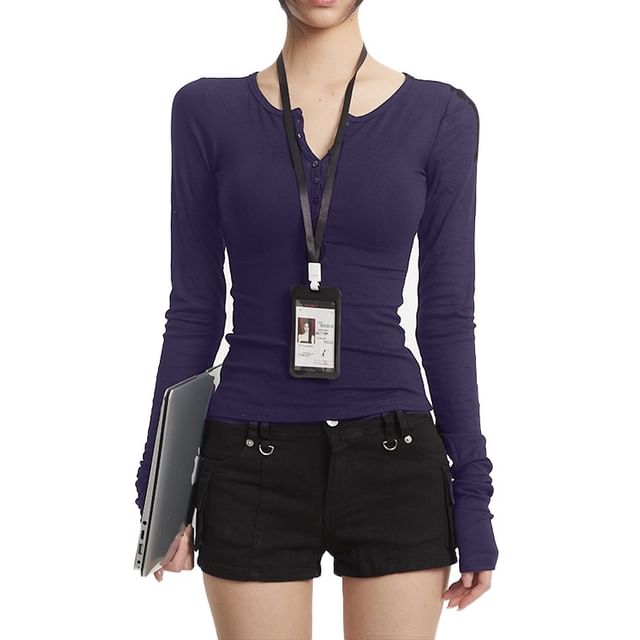 AXEN-Long-Sleeve Plain Henley T-Shirt
