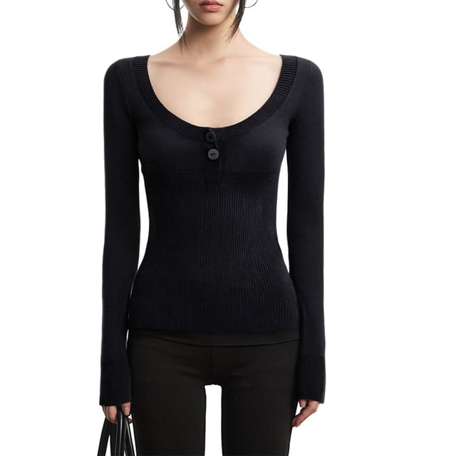 AXEN-Long-Sleeve Scoop Neck Plain Ribbed Knit Top