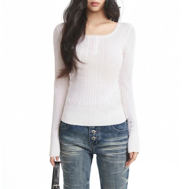 AXEN-Long-Sleeve Scoop Neck Plain Ribbed Knit Top
