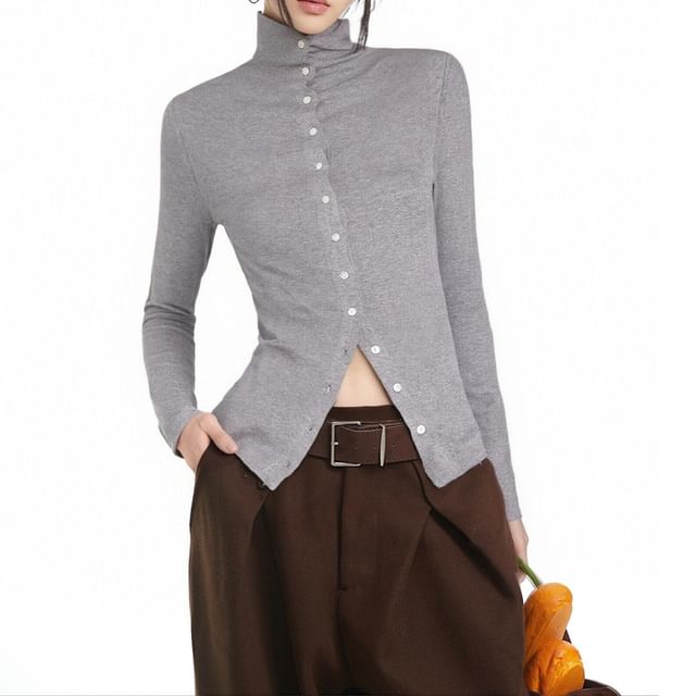 AXEN-Long Sleeve Stand Collar Plain Button Up Top
