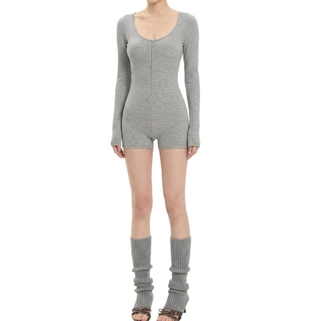 AXEN-Long-Sleeve V-Neck Half-Zip Plain Romper