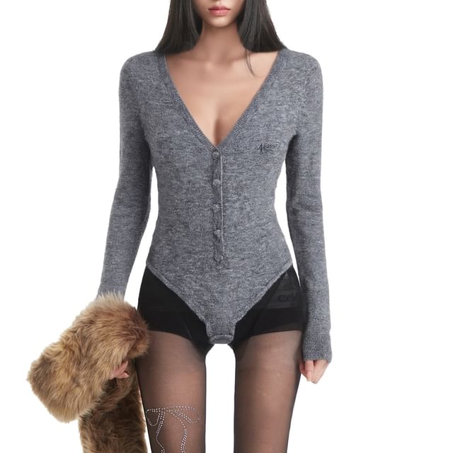 AXEN-Long Sleeve V-Neck Plain Bodysuit Top