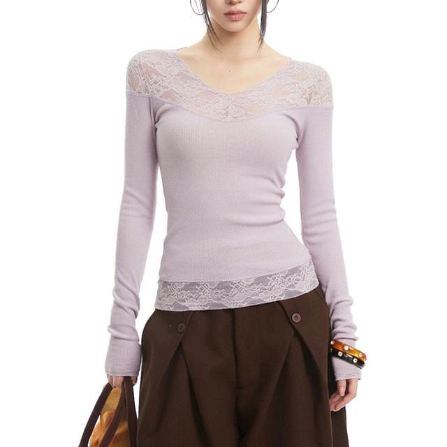 AXEN-Long Sleeve V-Neck Plain Panel Lace Top