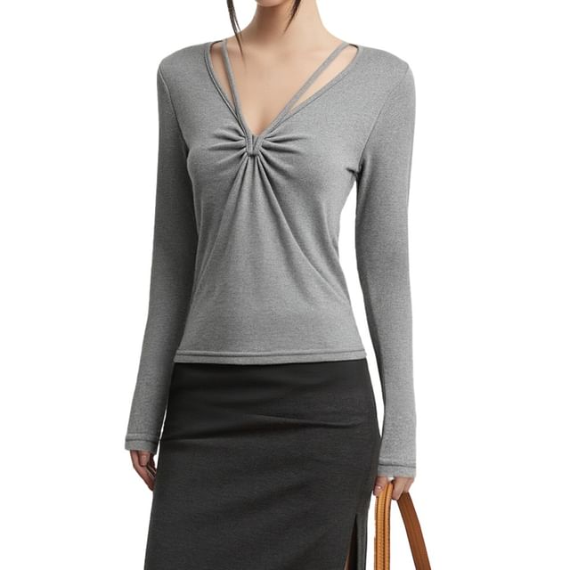 AXEN-Long Sleeve V-Neck Plain Ruched Top