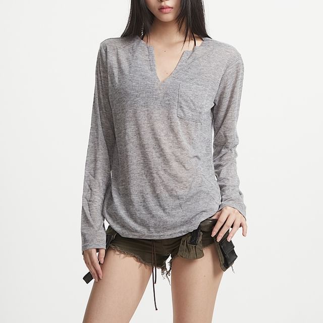 AXEN-Long-Sleeve V-Neck Plain T-Shirt