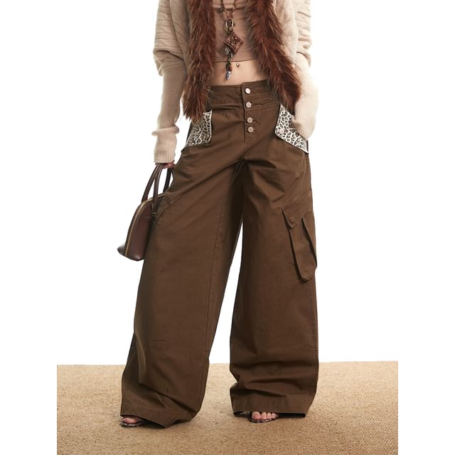AXEN-Low Waist Leopard Print Panel Baggy Cargo Pants