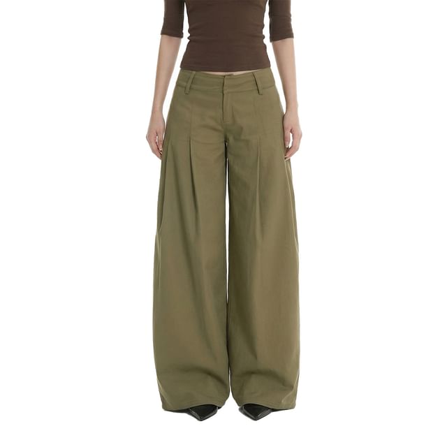 AXEN-Mid Rise Plain Wide Leg Pants