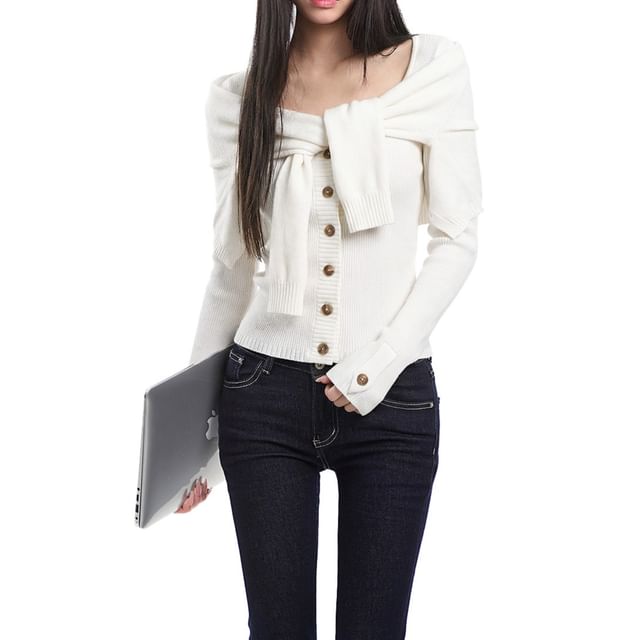 AXEN-Mock Two-Piece Scoop Neck Button-Up Plain Crop Cardigan