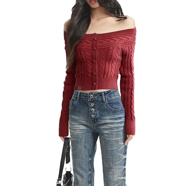 AXEN-Off Shoulder Plain Button Cable Knit Sweater