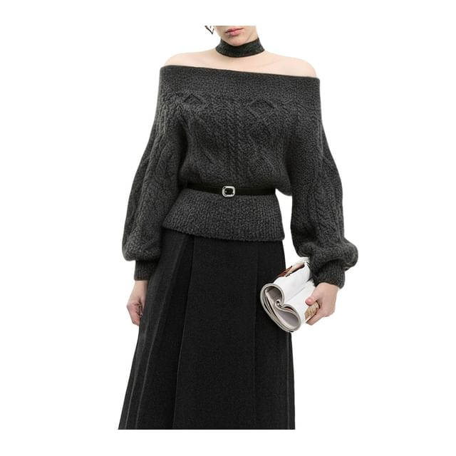 AXEN-Off-Shoulder Plain Cable Knit Sweater