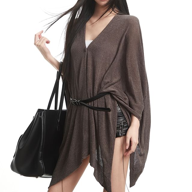 AXEN-Plain Sheer Knit Poncho