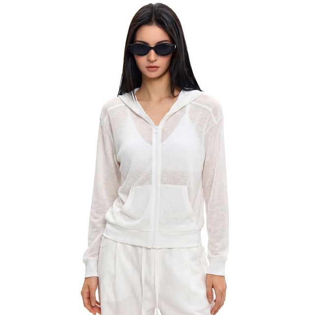 AXEN-Plain Zip-Up Sheer Crop Hoodie