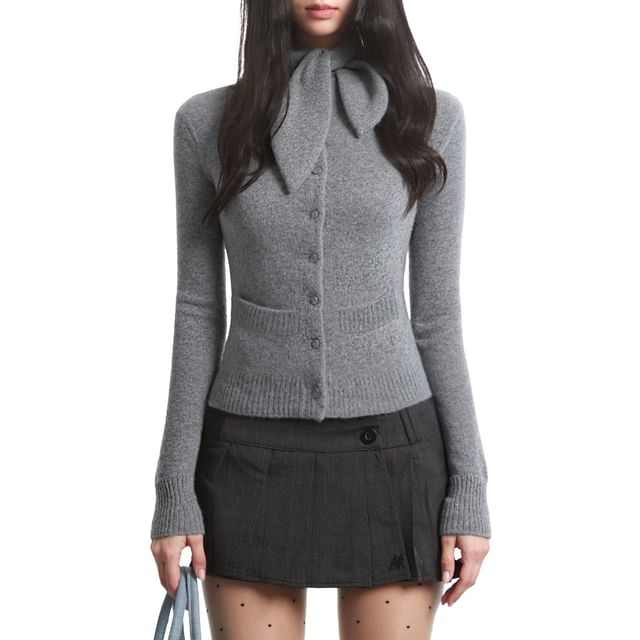 AXEN-Scarf Neck Button-Up Plain Crop Cardigan