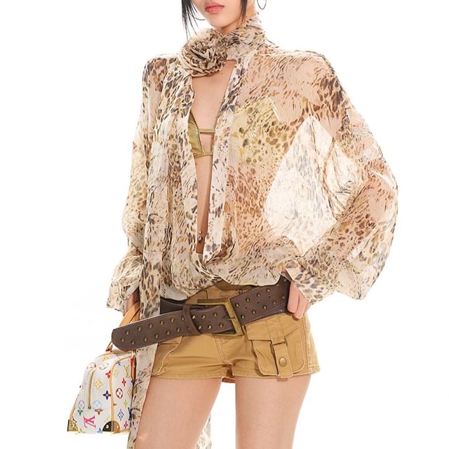 AXEN-Set Long-Sleeve Leopard Print Mesh Blouse Scarf