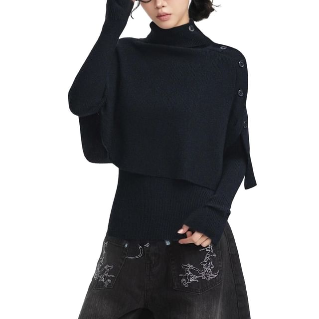 AXEN-Set Long-Sleeve Plain Knit Top Turtleneck Capelet